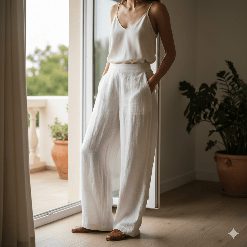 Wide-leg linen trousers in off-white, front view