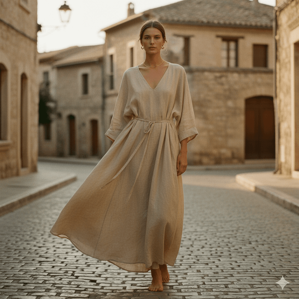 Draped linen dress in sand, front view