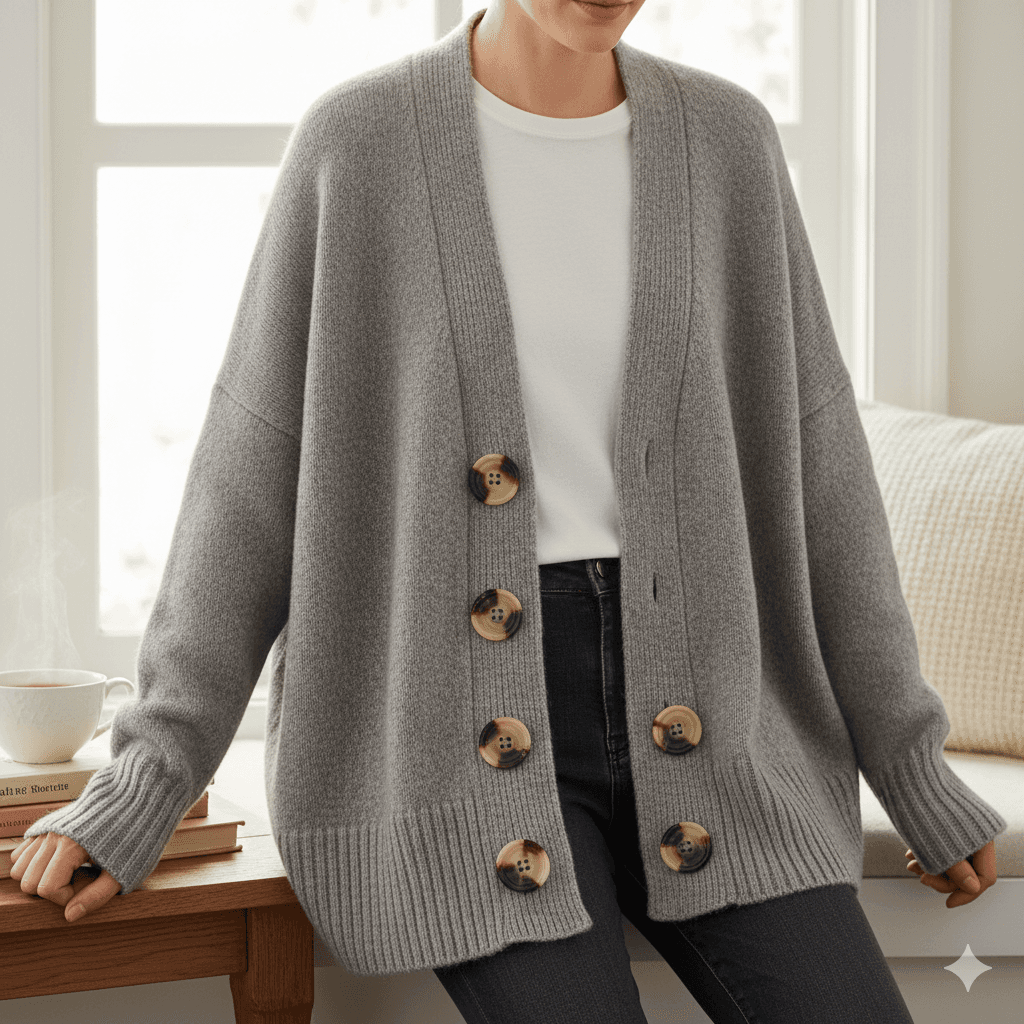 Cashmere cardigan in warm grey, front view